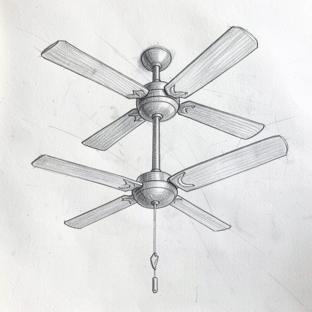 A graphite pencil sketch of several ceiling fans with different blade counts and styles, arranged in a loose grid, with soft gray shading and a light airy feel