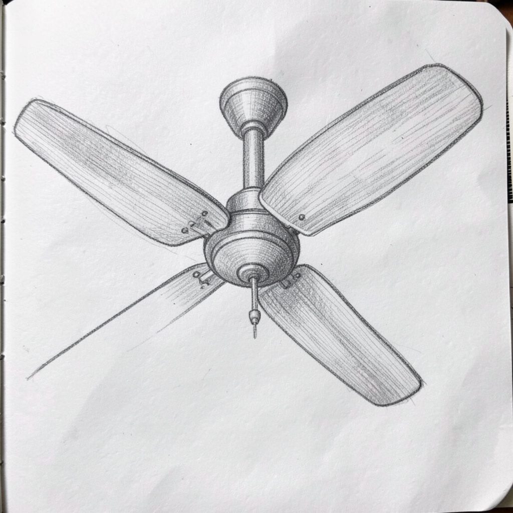 A graphite pencil sketch of ceiling fan replacement parts laid out neatly, including blades, pull chains, and mounting brackets, with gentle gray shading