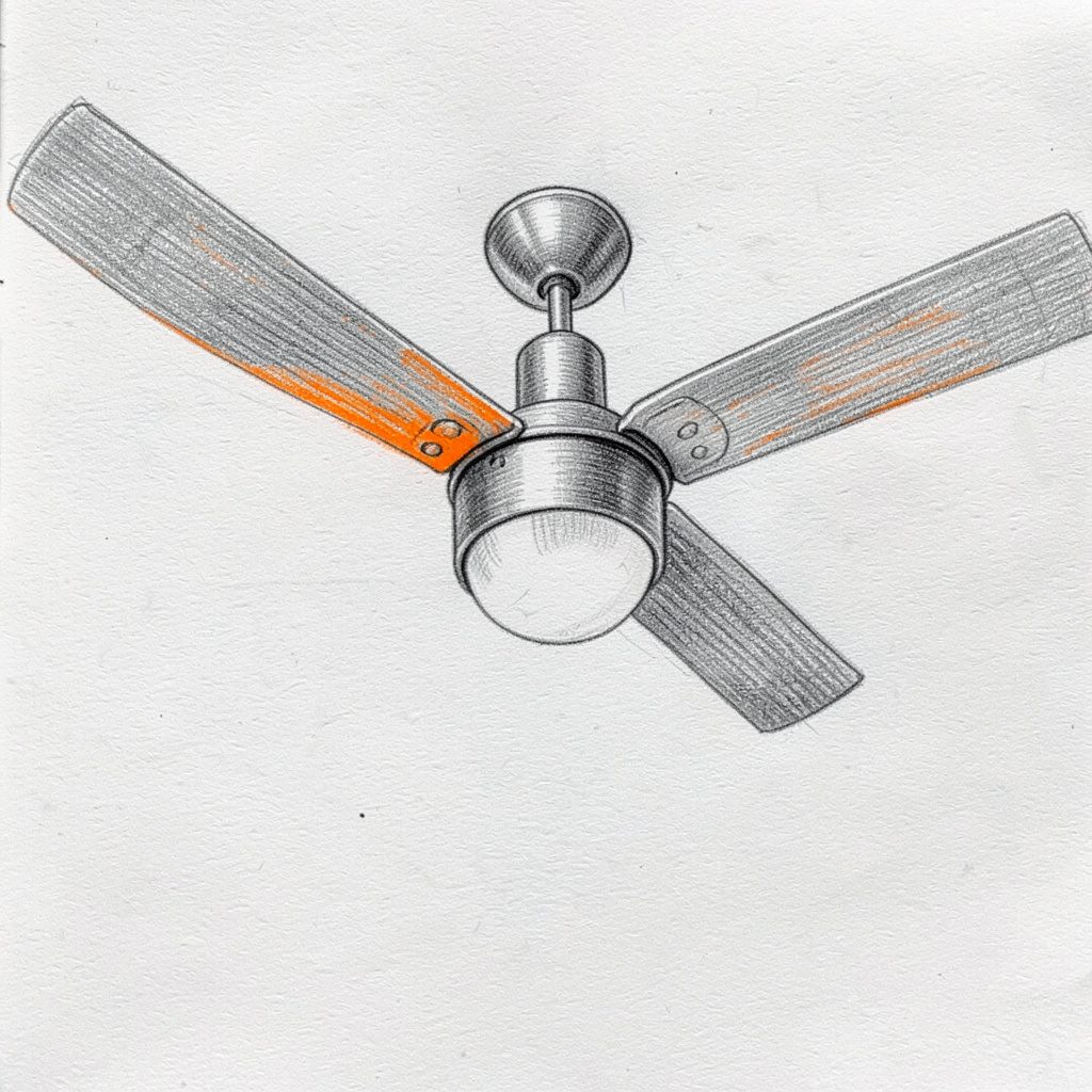 A graphite pencil sketch of a sleek brushed-nickel flush-mount ceiling fan with three blades and an integrated light kit, drawn with soft shading and clean lines